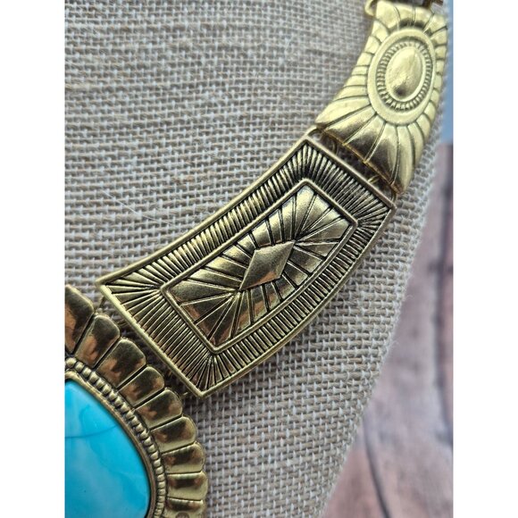 NWOT Gold Tone & Faux Turquoise Teardrop Bib Collar Necklace Southwestern 22" - Picture 6 of 10
